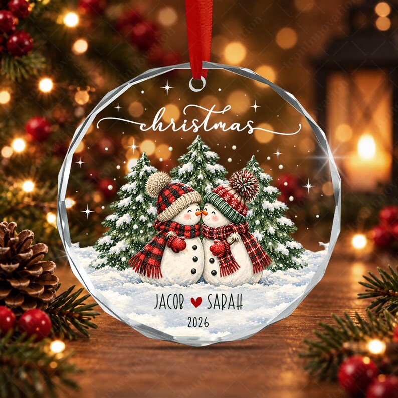 Personalized Couple Name Glass Ornament, Vintage Snowman Christmas Tree Keepsake