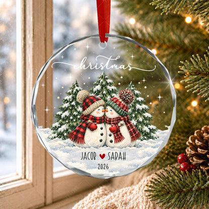 Personalized Couple Name Glass Ornament, Vintage Snowman Christmas Tree Keepsake