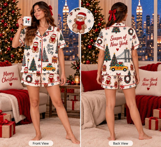 New York Christmas Pajamas, NYC Teddy Bear Holiday PJs, Christmas Sleepwear, Short and Long Sleeve, Women's Christmas Pajama Set