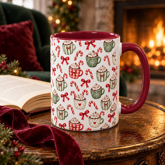 Christmas hot cocoa mug, festive holiday coffee cup, candy cane bow mug, cozy winter accent mug, 11oz 15oz gift for her