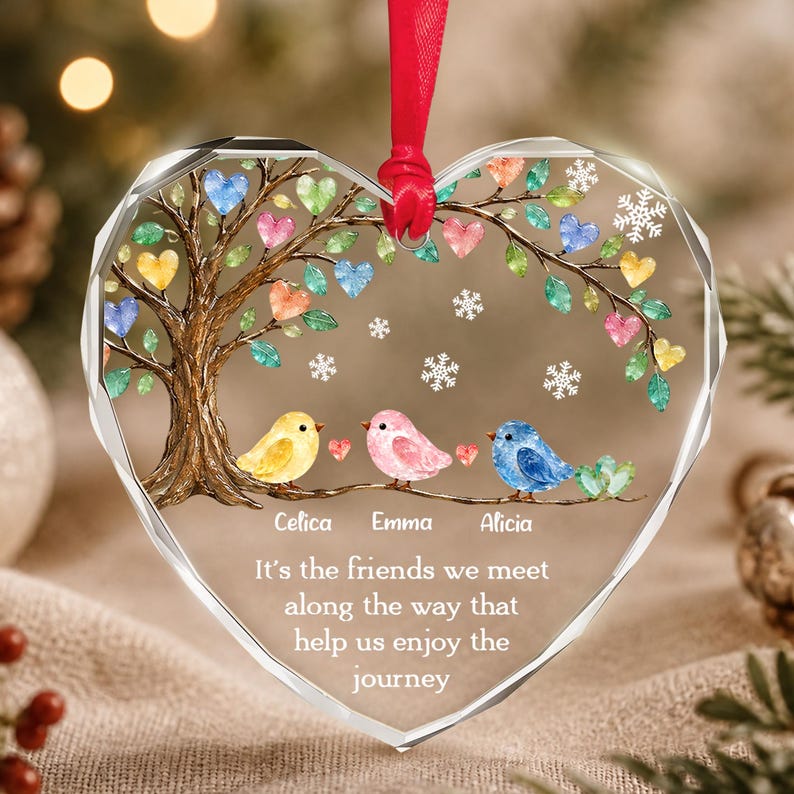 Personalized Friend Ornament, Friendship Keepsake Sea Glass Birds Art Heart