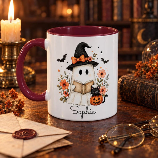 personalized halloween ghost mug, custom name cute spooky coffee cup, book lover ghost mug, witch hat pumpkin accent mug
