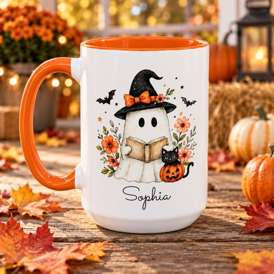 personalized halloween ghost mug, custom name cute spooky coffee cup, book lover ghost mug, witch hat pumpkin accent mug