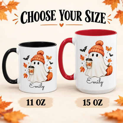 Personalized fall ghost mug, custom name pumpkin spice coffee cup, cute halloween accent mug, cozy autumn gift for her