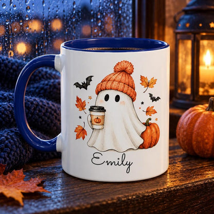 Personalized fall ghost mug, custom name pumpkin spice coffee cup, cute halloween accent mug, cozy autumn gift for her