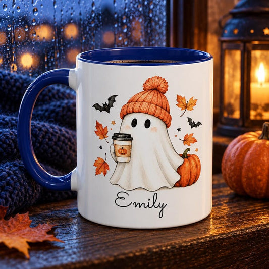 Personalized fall ghost mug, custom name pumpkin spice coffee cup, cute halloween accent mug, cozy autumn gift for her