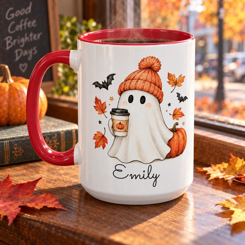 Personalized fall ghost mug, custom name pumpkin spice coffee cup, cute halloween accent mug, cozy autumn gift for her