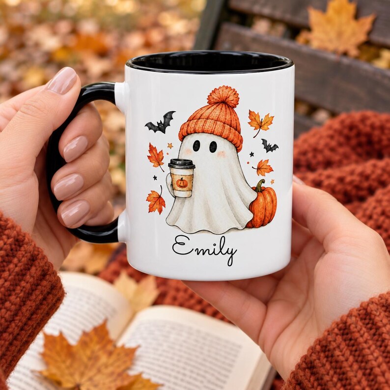 Personalized fall ghost mug, custom name pumpkin spice coffee cup, cute halloween accent mug, cozy autumn gift for her