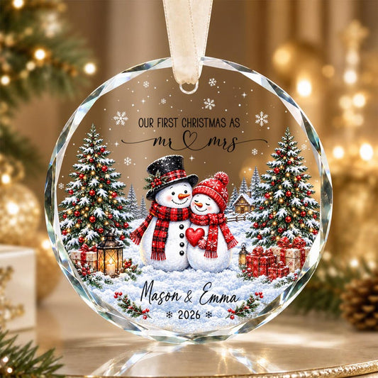 Our First Christmas Ornament, Kissing Snowman Ceramic Ornament, Engaged Married Keepsake, Custom Couple Name Wedding Gift For Newlyweds