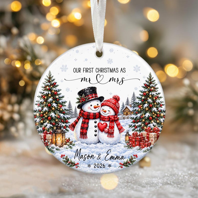 Our First Christmas Ornament, Kissing Snowman Ceramic Ornament, Engaged Married Keepsake, Custom Couple Name Wedding Gift For Newlyweds