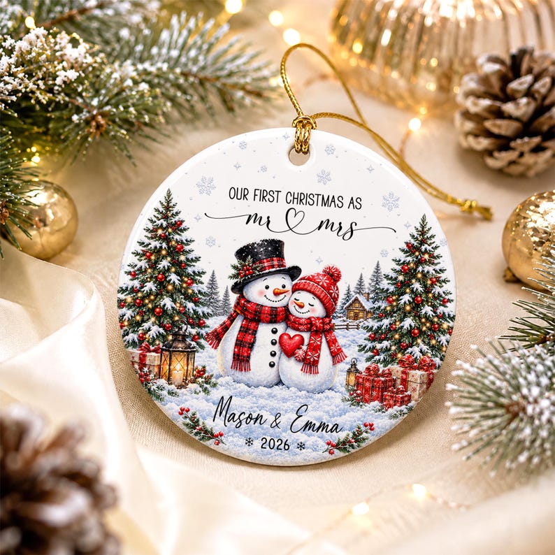 Our First Christmas Ornament, Kissing Snowman Ceramic Ornament, Engaged Married Keepsake, Custom Couple Name Wedding Gift For Newlyweds