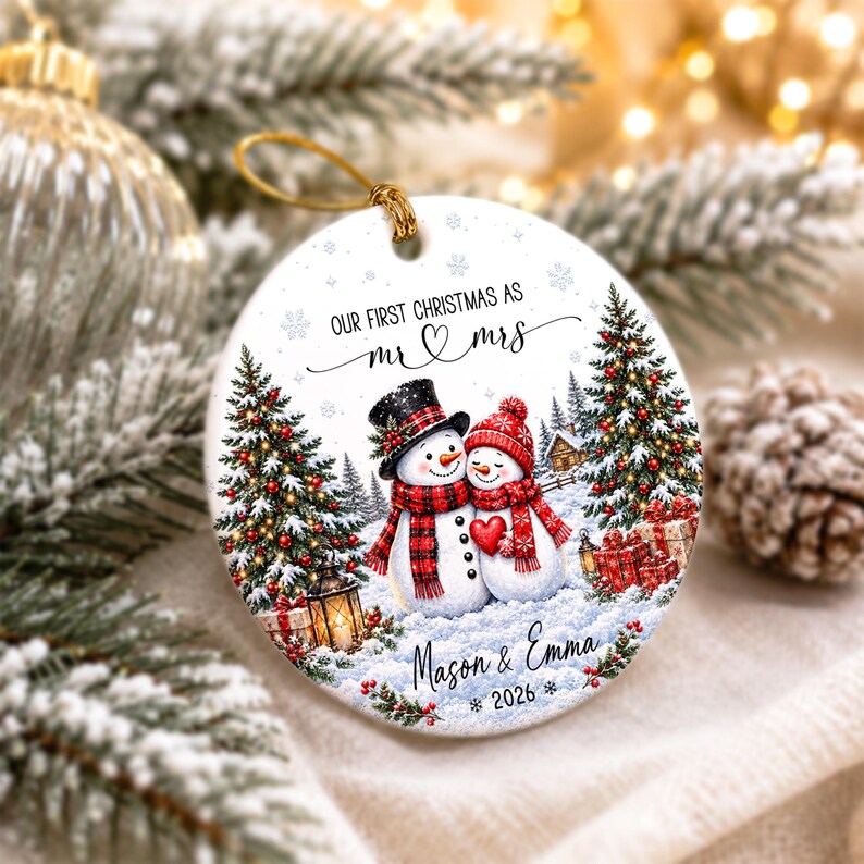 Our First Christmas Ornament, Kissing Snowman Ceramic Ornament, Engaged Married Keepsake, Custom Couple Name Wedding Gift For Newlyweds
