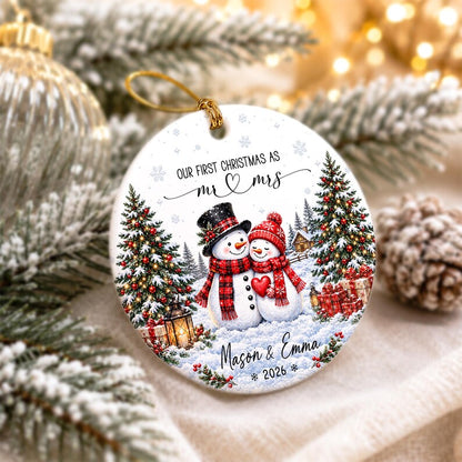 Our First Christmas Ornament, Kissing Snowman Ceramic Ornament, Engaged Married Keepsake, Custom Couple Name Wedding Gift For Newlyweds