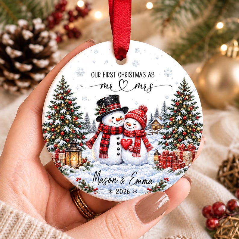 Our First Christmas Ornament, Kissing Snowman Ceramic Ornament, Engaged Married Keepsake, Custom Couple Name Wedding Gift For Newlyweds