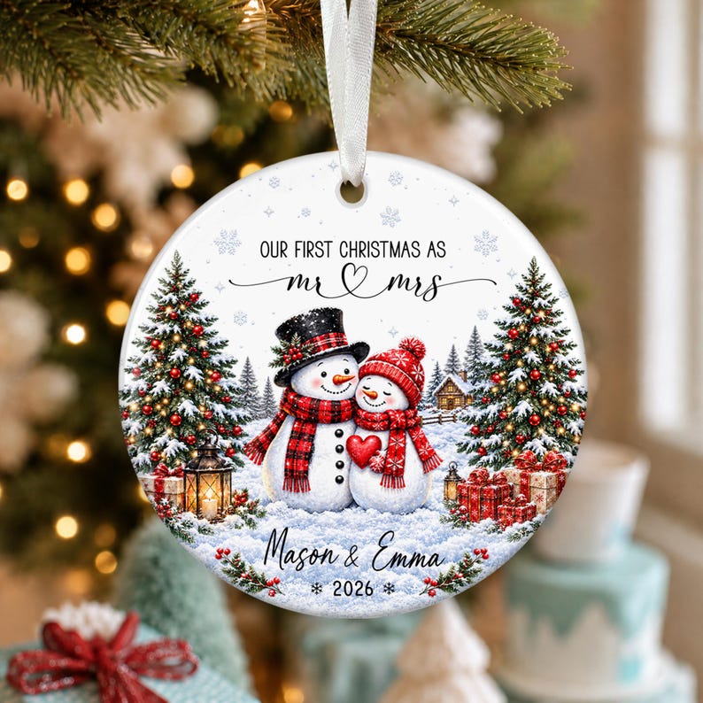 Our First Christmas Ornament, Kissing Snowman Ceramic Ornament, Engaged Married Keepsake, Custom Couple Name Wedding Gift For Newlyweds
