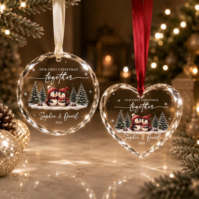 Our First Christmas Together Ornament, Personalized Couple Penguin Ornament, Custom Names Newlywed Gift, Engagement Wedding Keepsake