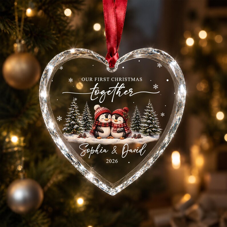 Our First Christmas Together Ornament, Personalized Couple Penguin Ornament, Custom Names Newlywed Gift, Engagement Wedding Keepsake