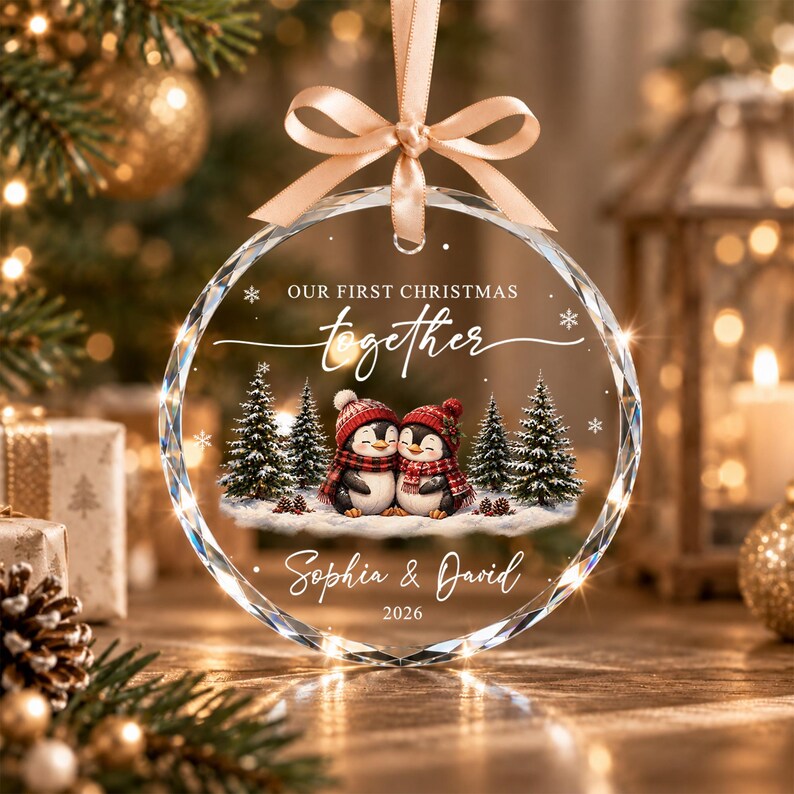Our First Christmas Together Ornament, Personalized Couple Penguin Ornament, Custom Names Newlywed Gift, Engagement Wedding Keepsake
