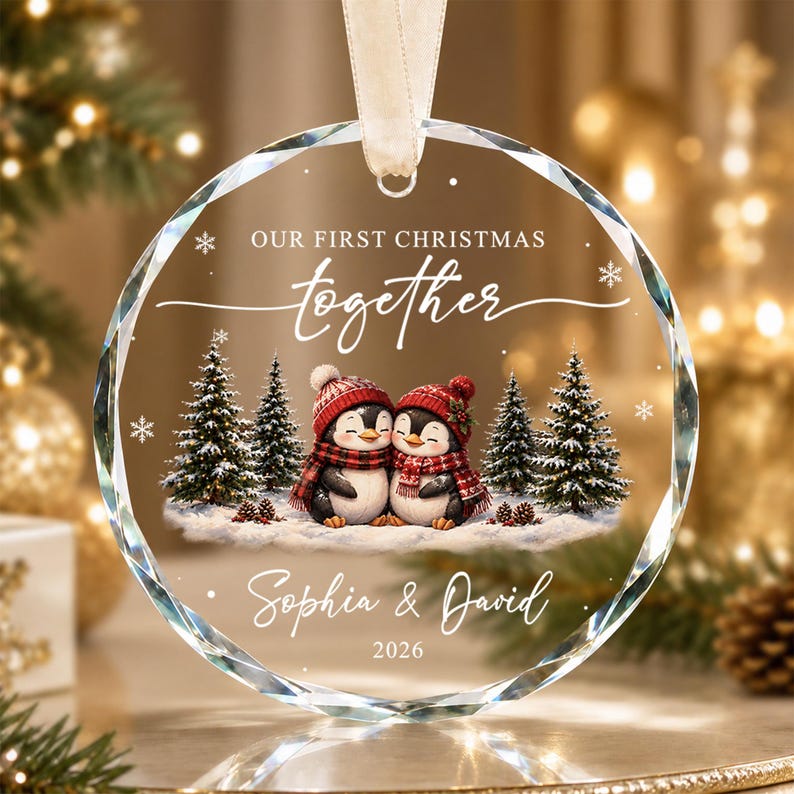Our First Christmas Together Ornament, Personalized Couple Penguin Ornament, Custom Names Newlywed Gift, Engagement Wedding Keepsake