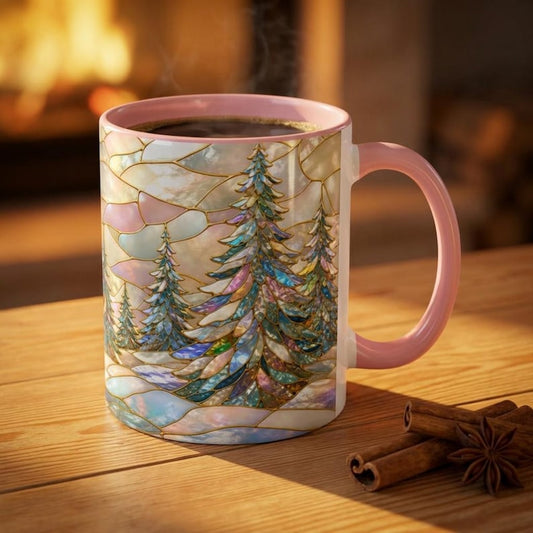 Winter Fir Trees Mug, Stained Glass Christmas Mug, Snowy Forest Coffee Cup, Pine Tree Scene Gift, Cottagecore Christmas Gift, Iridescent Mug