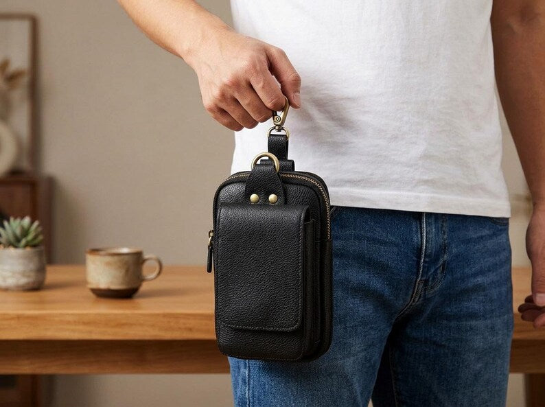 Leather Phone Pouch, Genuine Leather Belt Pouch, Phone Holster, Leather Waist Bag, Leather Belt Bag, Phone Belt Holder, Leather Hip Pouch