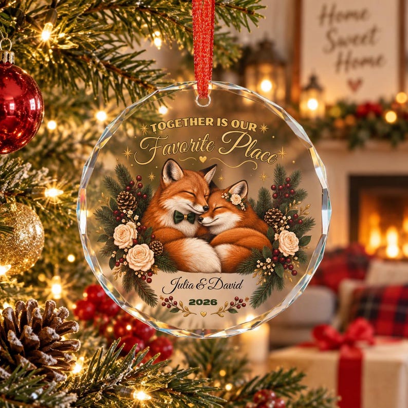 Personalized Couple Christmas Ornament Fox Couple Gift Custom Names and Year Romantic Keepsake Crystal Glass Ornament with Gift Box
