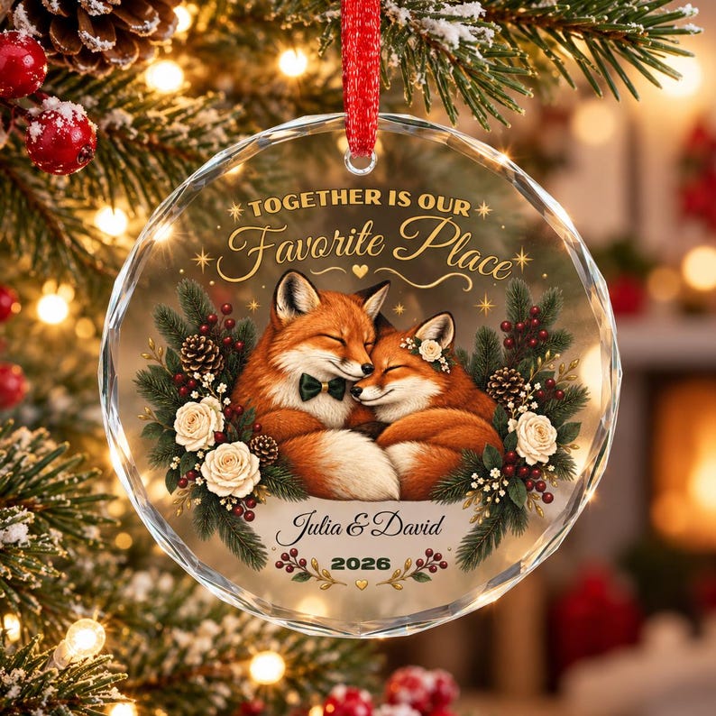 Personalized Couple Christmas Ornament Fox Couple Gift Custom Names and Year Romantic Keepsake Crystal Glass Ornament with Gift Box