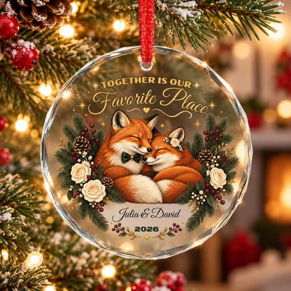 Personalized Couple Christmas Ornament Fox Couple Gift Custom Names and Year Romantic Keepsake Crystal Glass Ornament with Gift Box