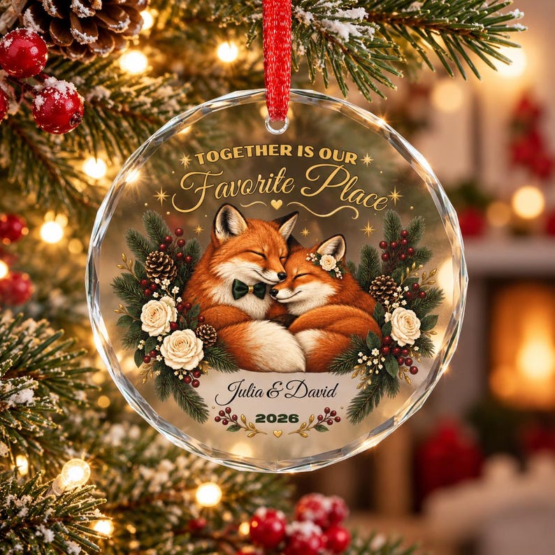 Personalized Couple Christmas Ornament Fox Couple Gift Custom Names and Year Romantic Keepsake Crystal Glass Ornament with Gift Box