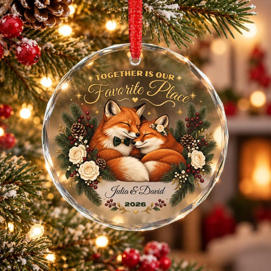 Personalized Couple Christmas Ornament Fox Couple Gift Custom Names and Year Romantic Keepsake Crystal Glass Ornament with Gift Box