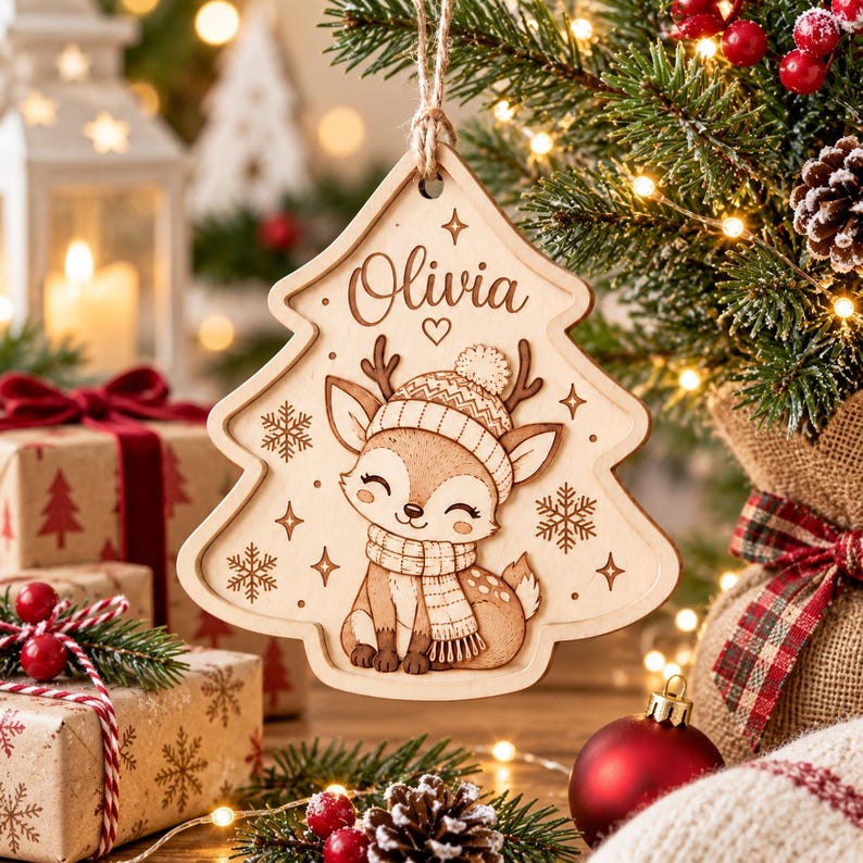 Personalized Deer Christmas Ornament, Custom Name Wooden Ornament, Woodland Reindeer Christmas Tree Decor, Kids Holiday Keepsake