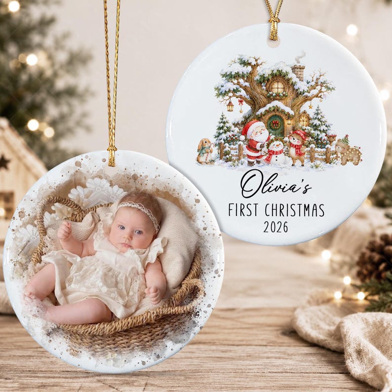 Personalized Baby Photo First Christmas Ornament, Santa Reindeer Winter Forest Double Sides Ceramic