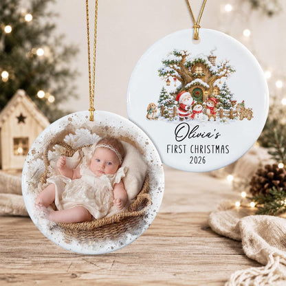 Personalized Baby Photo First Christmas Ornament, Santa Reindeer Winter Forest Double Sides Ceramic