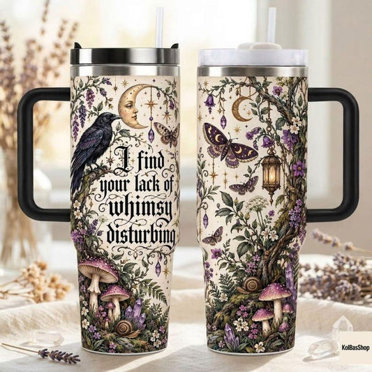 I Find Your Lack of Whimsy Disturbing Tumbler 40oz, Witchy Raven Mushroom Travel Mug, Gothic Cottagecore Gift for Her