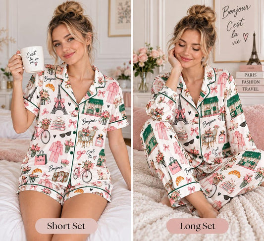 Paris Pajama Set for Women, French Inspired Pajamas, Short and Long Sleeve Sleepwear, Pink Bow Floral Pajamas, Cute Gift for Her