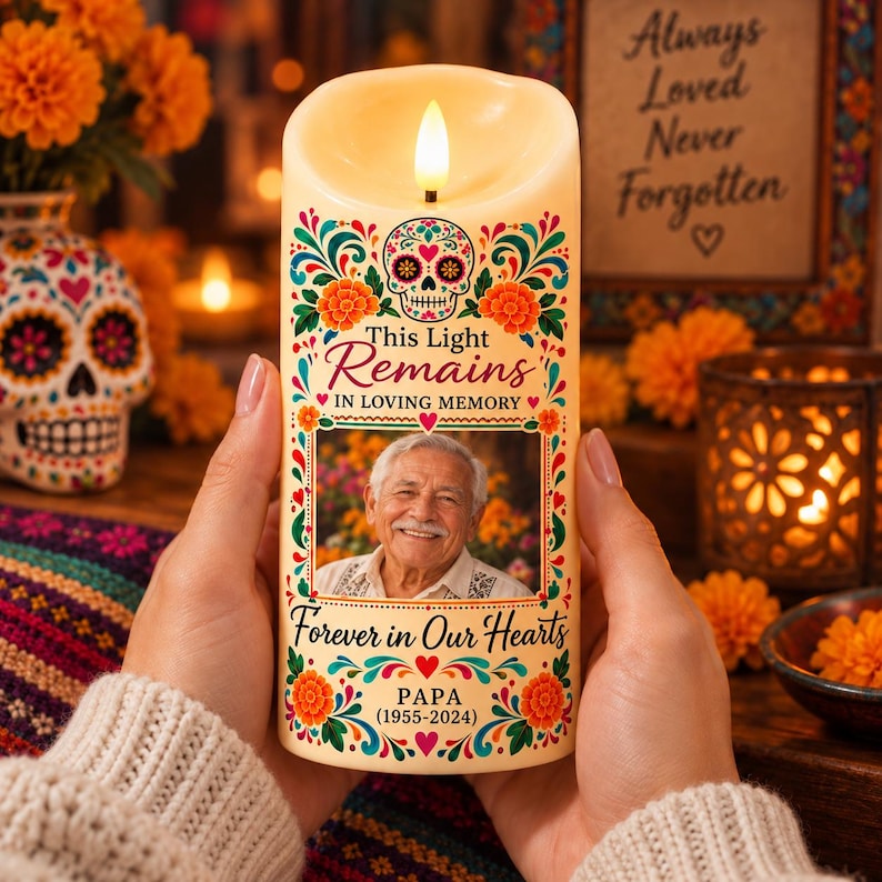 Personalized Day Of The Dead Memorial Candle, Custom LED Candle Photo For Loss Of Loved One