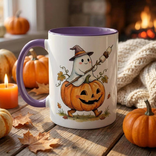 Cute Ghost Riding Pumpkin Mug, Funny Halloween Coffee Cup, Spooky Season Gift For Her, Ghost S'mores Halloween Mug, Cute Halloween Gift