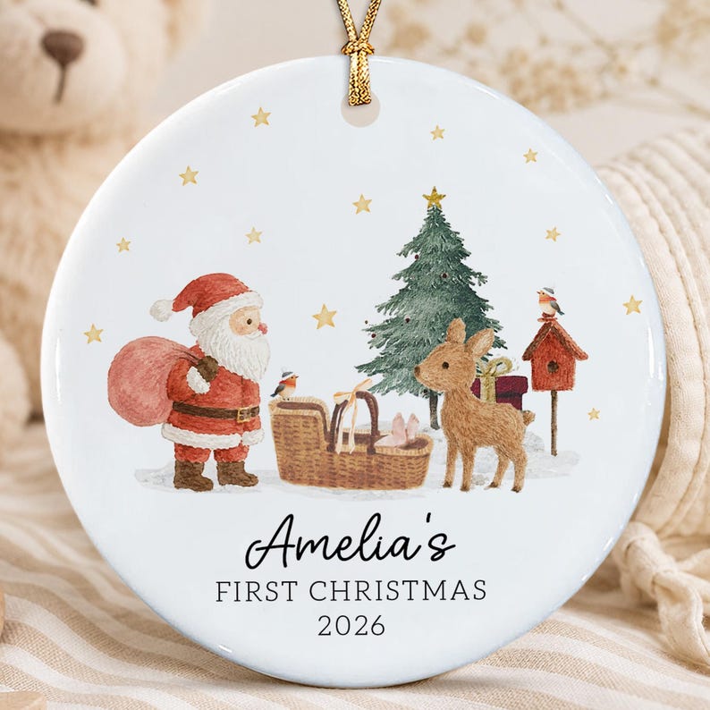 Personalized Baby's First Christmas Ornament, Santa Reindeer with Newborn Basket Circle Ceramic