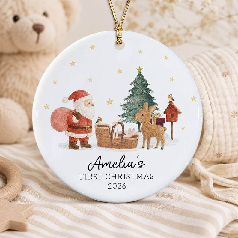 Personalized Baby's First Christmas Ornament, Santa Reindeer with Newborn Basket Circle Ceramic