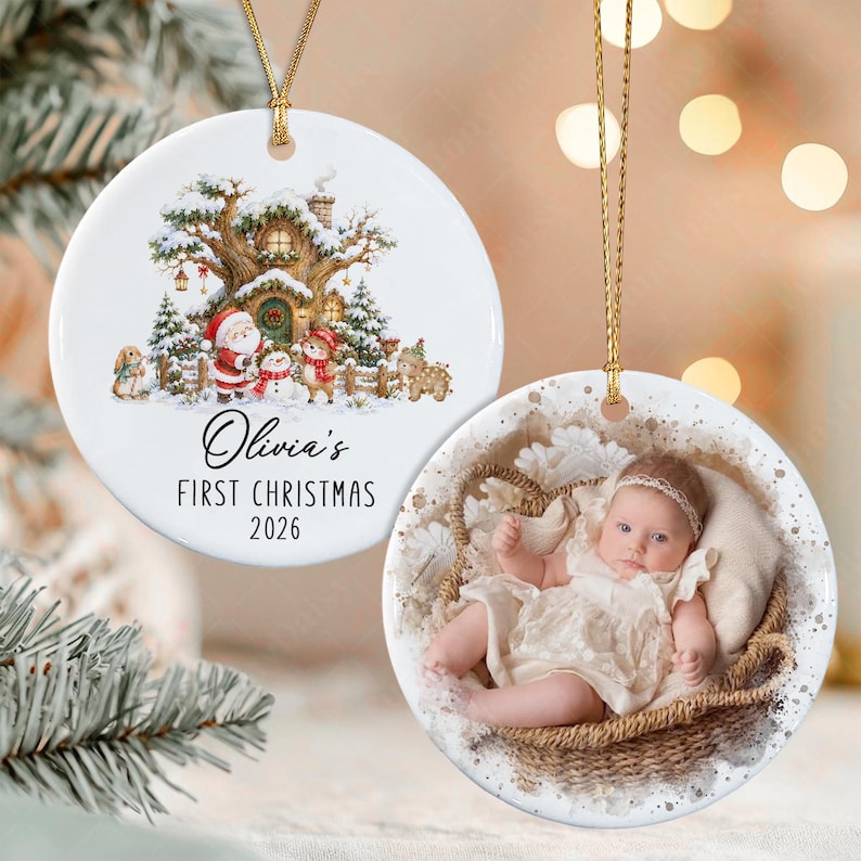 Personalized Baby Photo First Christmas Ornament, Santa Reindeer Winter Forest Double Sides Ceramic