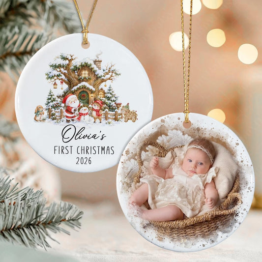 Personalized Baby Photo First Christmas Ornament, Santa Reindeer Winter Forest Double Sides Ceramic
