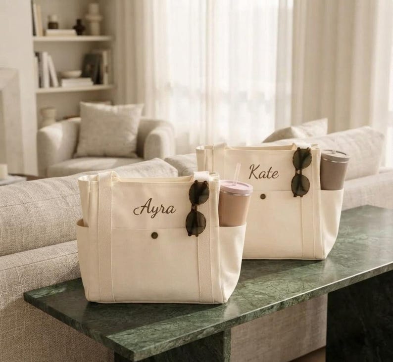 Personalized Embroidered Canvas Tote Bag, Multi-Pocket Utility Shoulder Bag (Bridesmaid Gift)