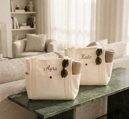 Personalized Embroidered Canvas Tote Bag, Multi-Pocket Utility Shoulder Bag (Bridesmaid Gift)