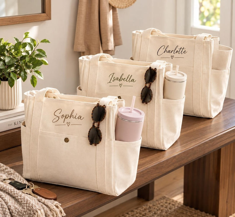Personalized Embroidered Canvas Tote Bag, Multi-Pocket Utility Shoulder Bag (Bridesmaid Gift)