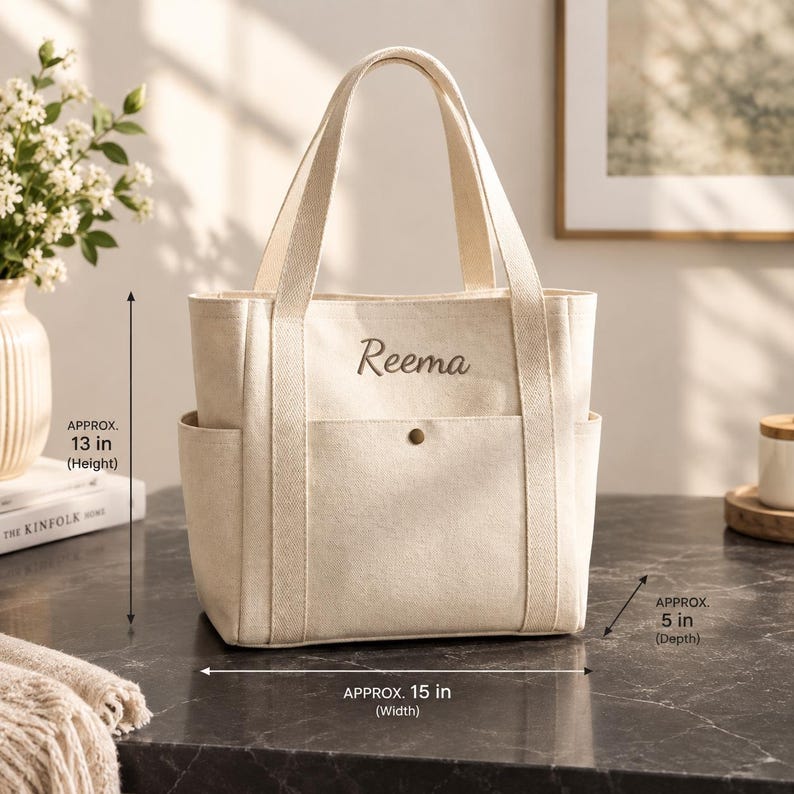 Personalized Embroidered Canvas Tote Bag, Multi-Pocket Utility Shoulder Bag (Bridesmaid Gift)