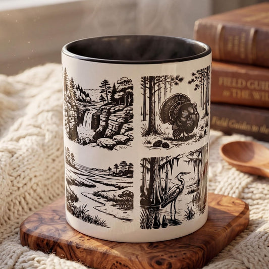 Alabama Nature Mug, Wildlife Sketch Coffee Mug, Deer Turkey Alligator Heron Mug, Southern Outdoor Gift, Hiker Gift, Nature Lover Cup