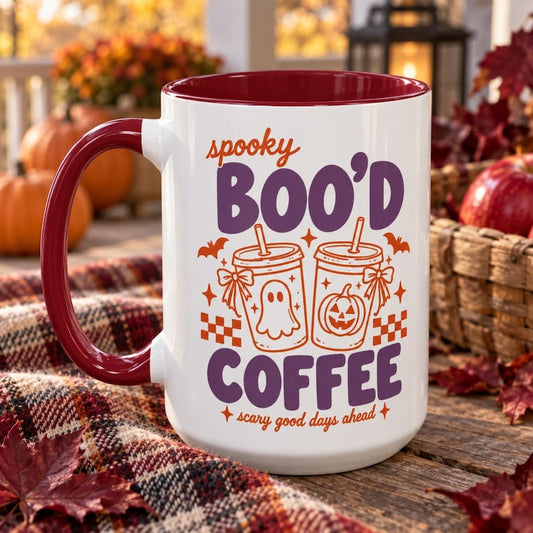 Spooky boo'd coffee mug, cute halloween coffee cup, ghost pumpkin iced coffee mug, scary good days accent mug, 11oz 15oz