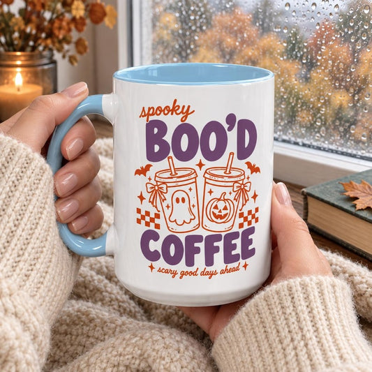 Spooky boo'd coffee mug, cute halloween coffee cup, ghost pumpkin iced coffee mug, scary good days accent mug, 11oz 15oz