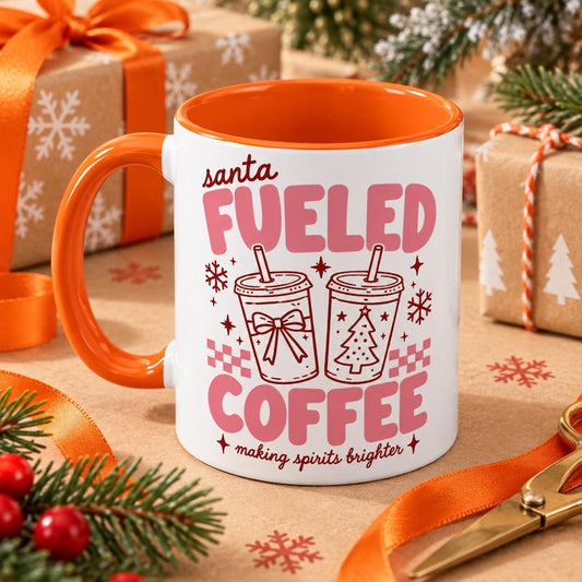 Santa fueled coffee mug, pink christmas coffee cup, cute holiday accent mug, christmas teacher gift, 11oz 15oz gift for her