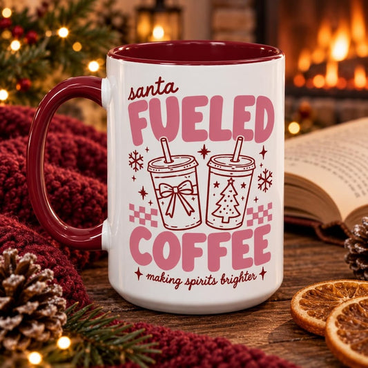 Santa fueled coffee mug, pink christmas coffee cup, cute holiday accent mug, christmas teacher gift, 11oz 15oz gift for her